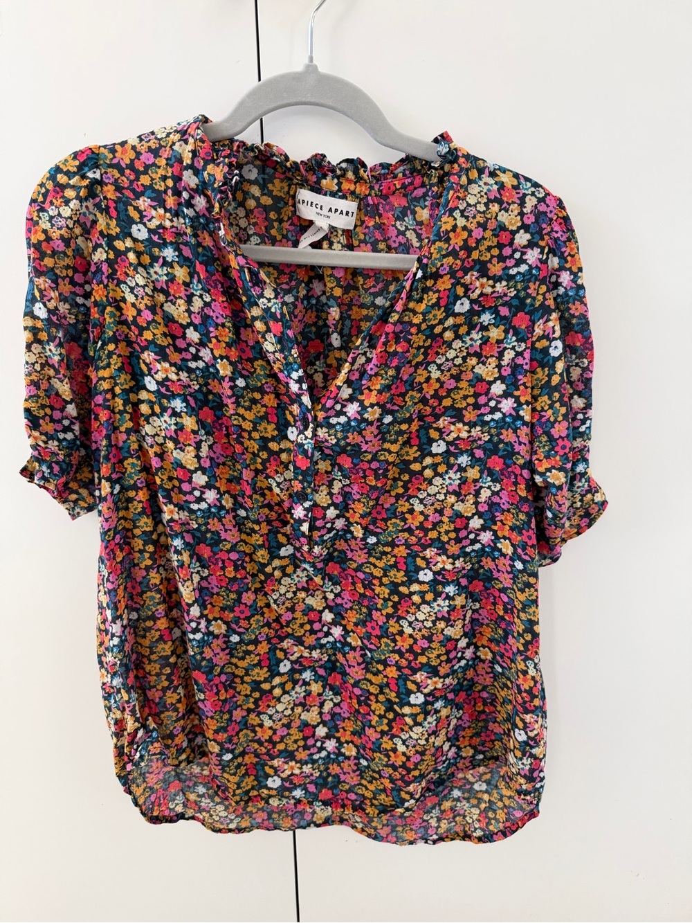 Apiece Apart Floral V-Neck Button Blouse in Black, Pink, Yellow